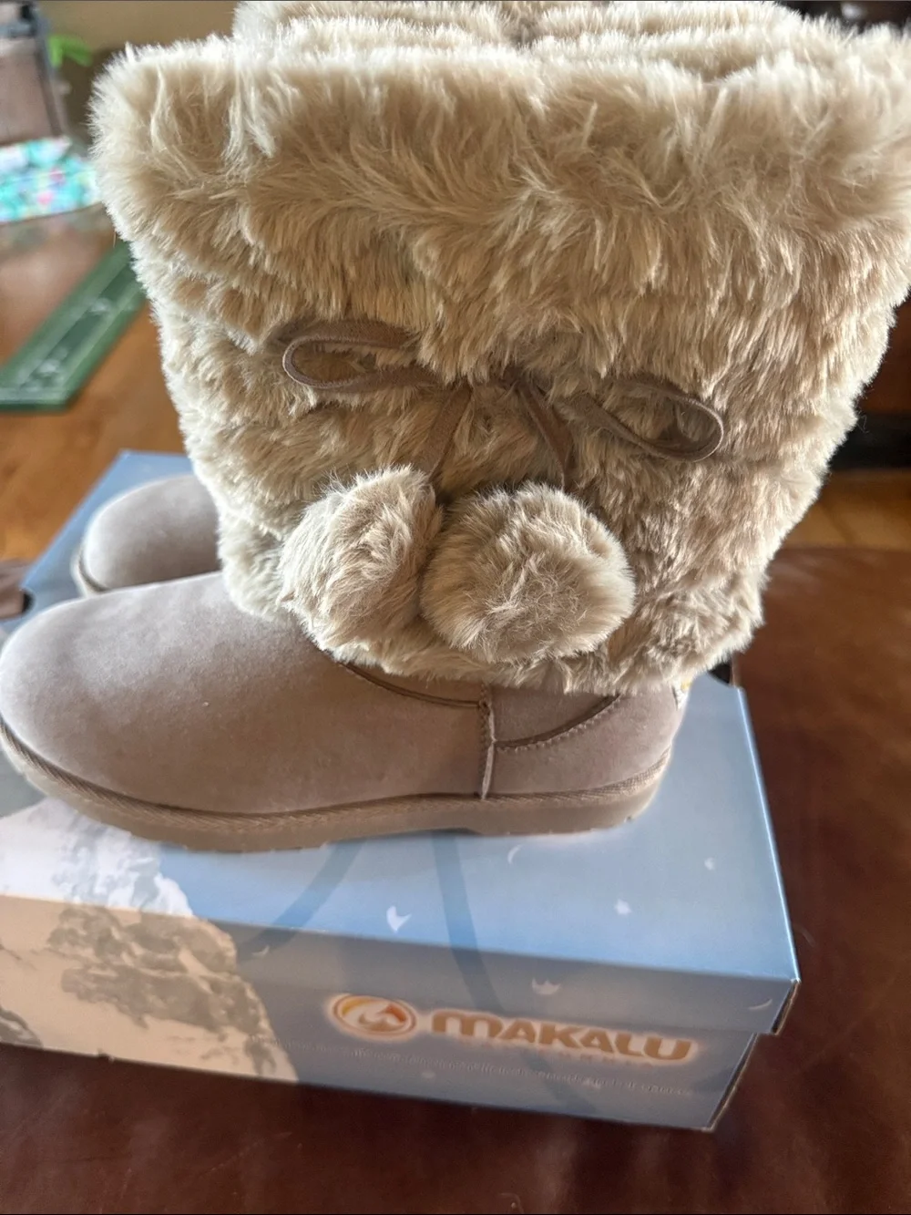 Kids Faux-Fur Pom Slip-On Boots - Taupe